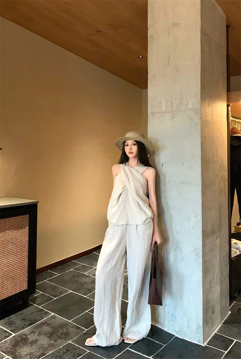 25Aug. 老錢鬆弛不費力交叉設計背心闊腿褲套裝 亞麻色