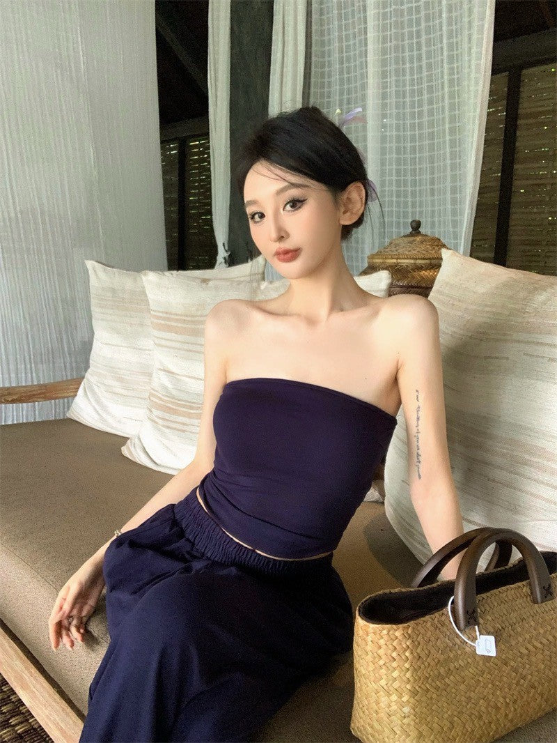 May. 度假出遊 辣妹顯瘦純色抹胸休閒褲套裝 藍/杏
