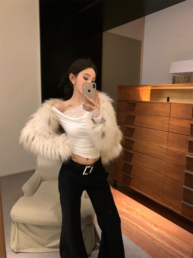 Apr. 輕透舒芙蕾 簡約純色蕾絲拼接領長袖上衣 米白