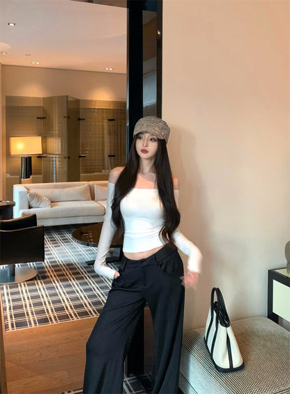 25Nov. 魅惑肩線一字領彈力長袖上衣 粉/白