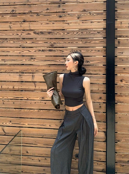 May. 個性簡約半高領純色背心 新款西裝休閒長褲 灰