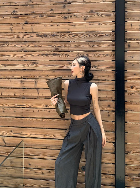 May. 個性簡約半高領純色背心 新款西裝休閒長褲 灰