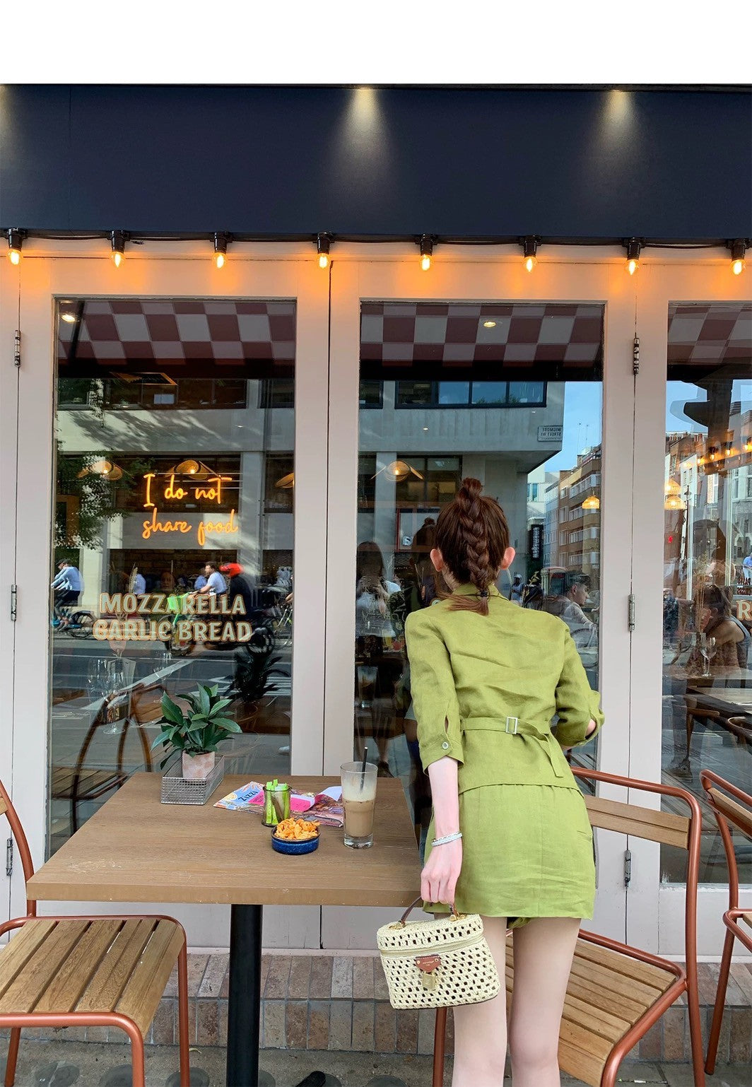 25Aug. 亞麻物語簡約七分袖襯衫低腰褲裙套裝 牛油果綠