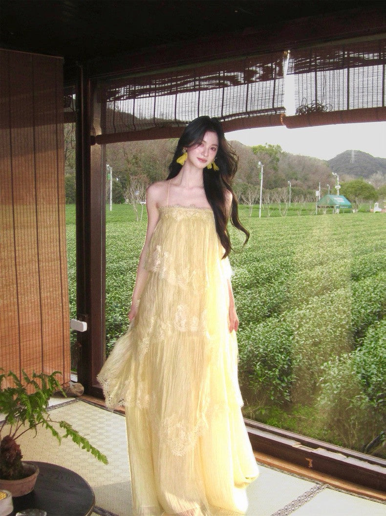 26Apr. 早春仙縷多層花不規則飄逸連身裙蛋糕裙 明媚黃/葉咖