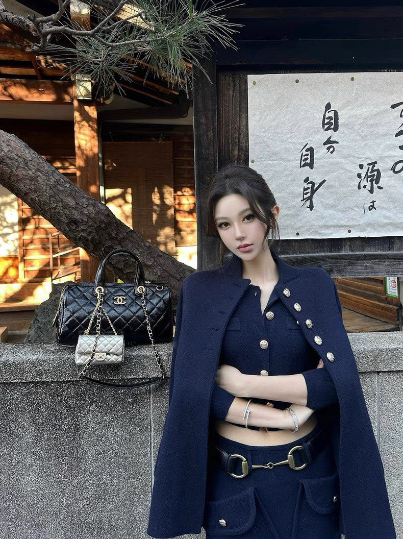 26Jan. 秀款厚磅中古金釦口袋半身裙 2款長度 藏青/卡