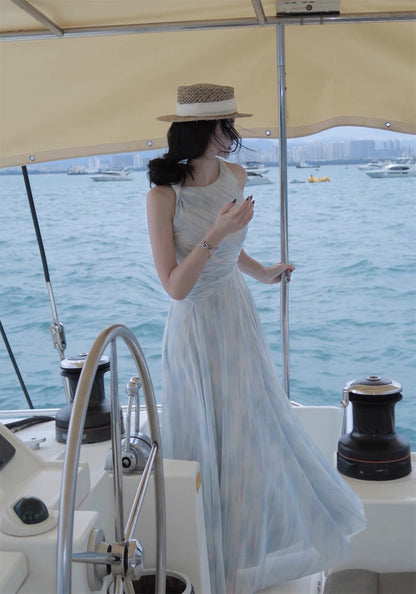 25Aug. 「雙共生」摩登情人復古扭結收腰裙擺連身裙 水波藍