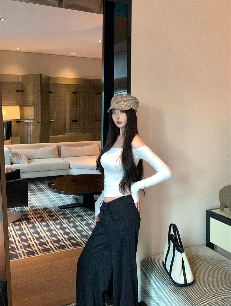 25Nov. 魅惑肩線一字領彈力長袖上衣 粉/白