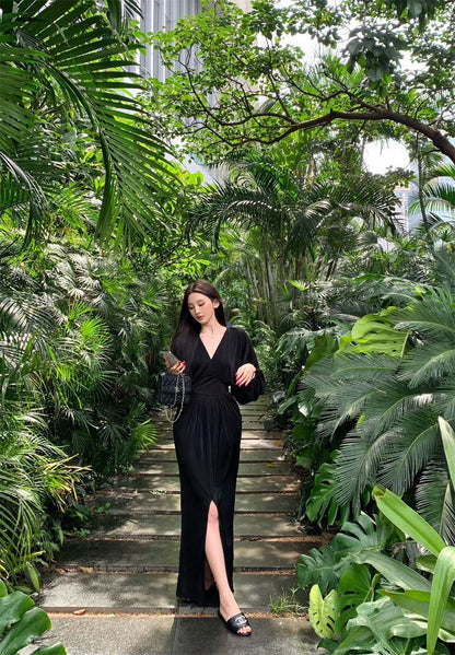 25Aug. 美的很輕鬆氛圍感收腰燈籠袖連身裙 粉/黑