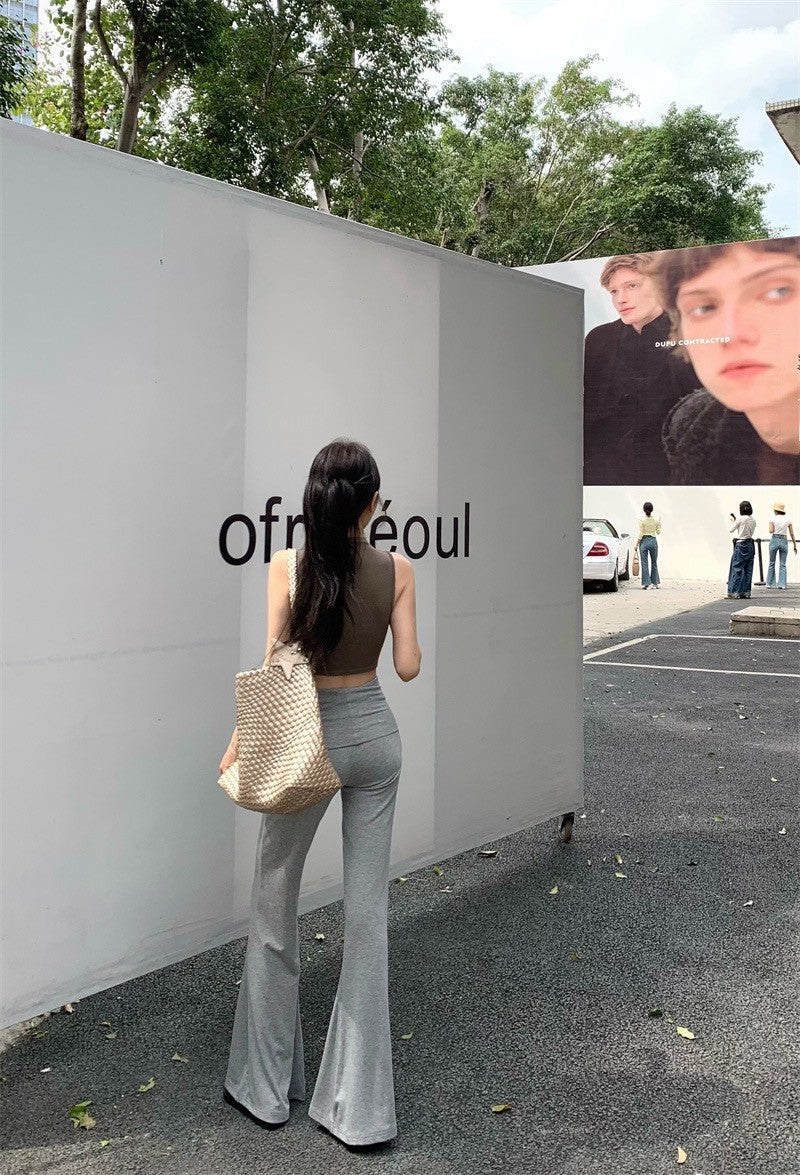 May. 雜誌編輯 美式慵懶背心開衫2件套 卡其 高腰顯瘦休閒褲 灰