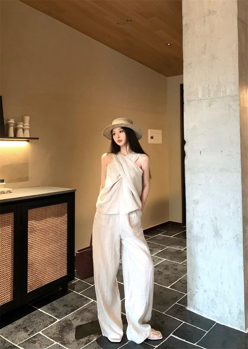 25Aug. 老錢鬆弛不費力交叉設計背心闊腿褲套裝 亞麻色