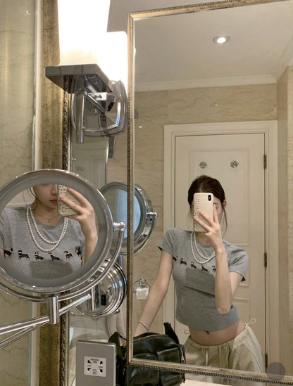 May. Jennie同款臘腸狗 美式正肩彈力上衣 灰