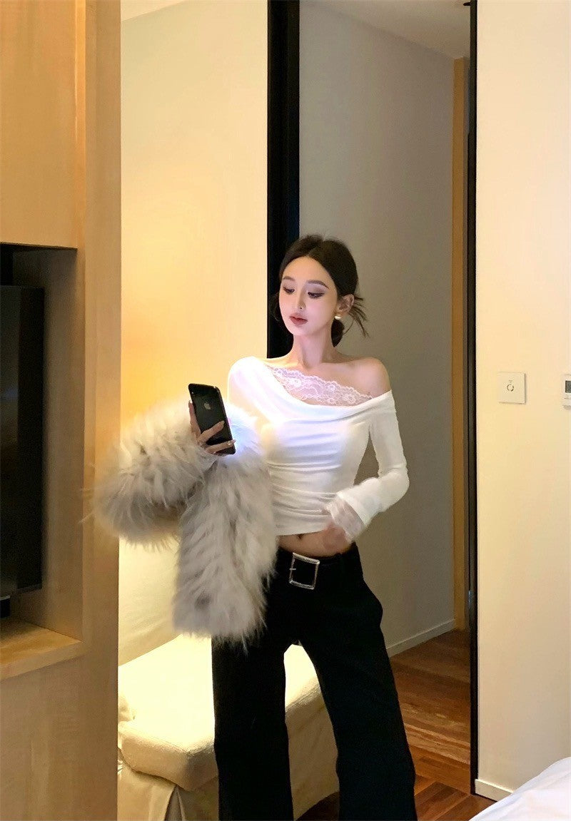 Apr. 輕透舒芙蕾 簡約純色蕾絲拼接領長袖上衣 米白