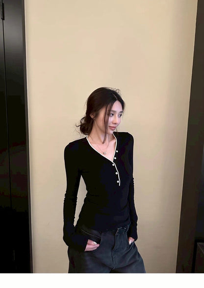 26Jan. 色彩百搭!撞色德絨鈕扣上衣 黑/棕