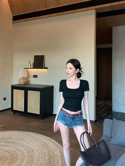 Jun. 萬能基礎公式 美式緊身短袖上衣 灰/黑