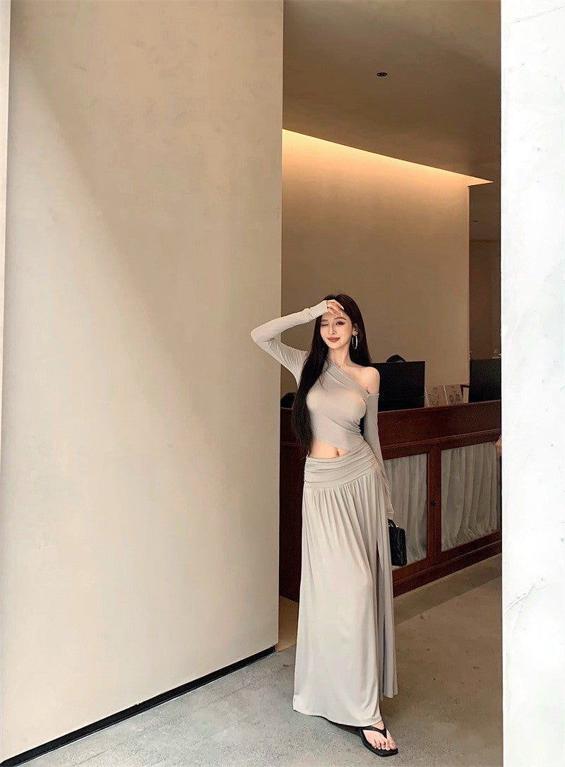 Jun. 戛納女神裙 氣質縷空抓皺開叉連身裙 杏