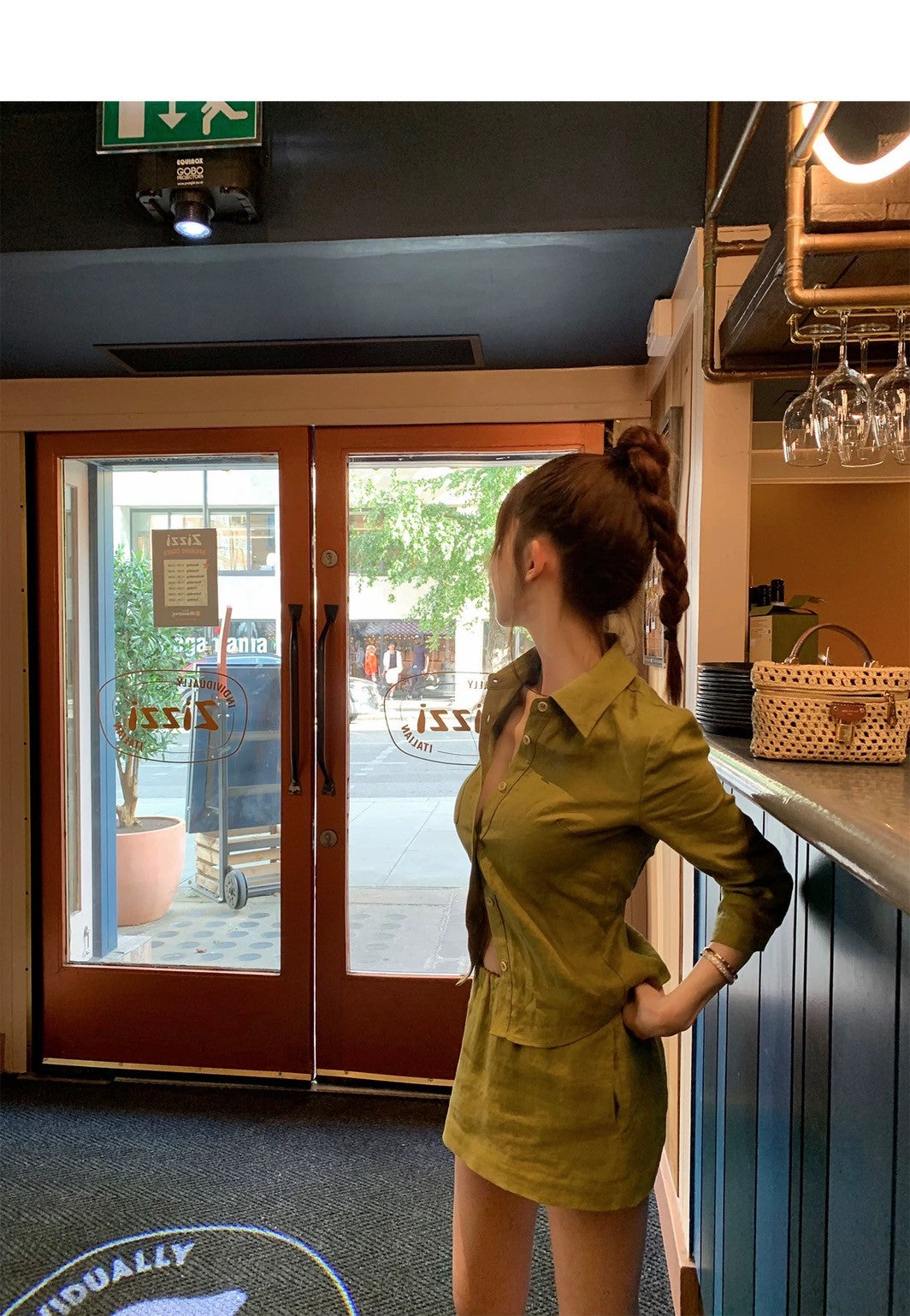 25Aug. 亞麻物語簡約七分袖襯衫低腰褲裙套裝 牛油果綠