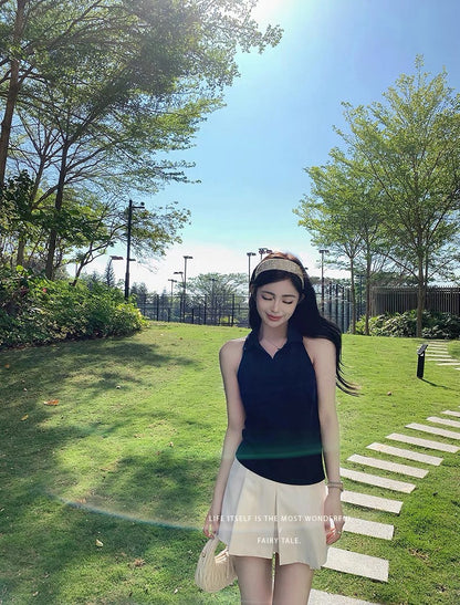 Jun. 大膽穿韓系學院polo領好版型無袖鈕扣背心 藍