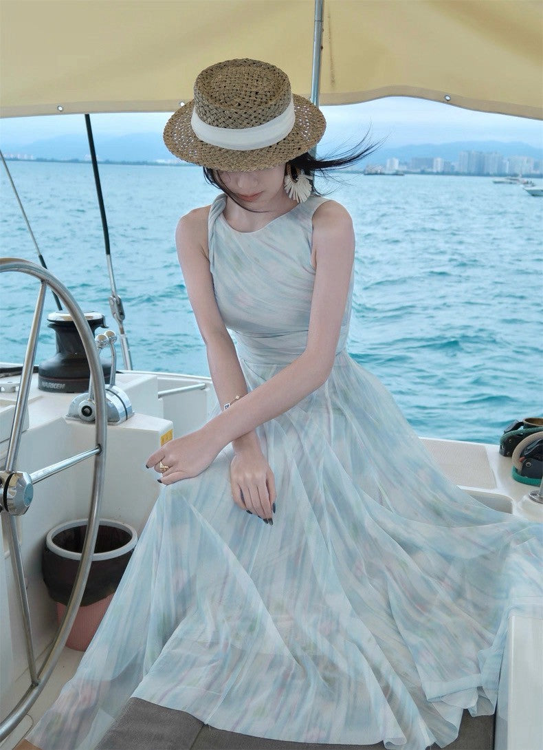 25Aug. 「雙共生」摩登情人復古扭結收腰裙擺連身裙 水波藍