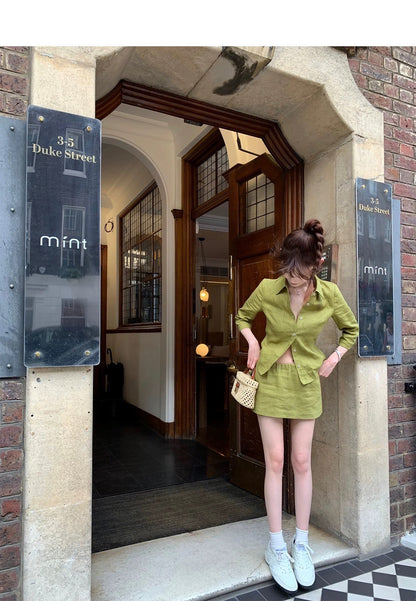 25Aug. 亞麻物語簡約七分袖襯衫低腰褲裙套裝 牛油果綠