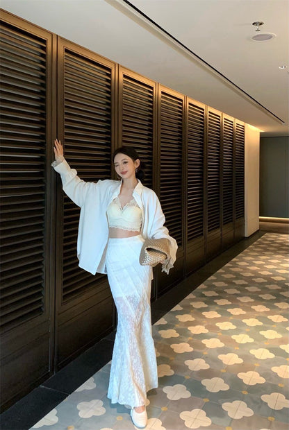 Jun. 花雕美人 蕾絲V領內搭背心 魚尾修身半身裙 米色