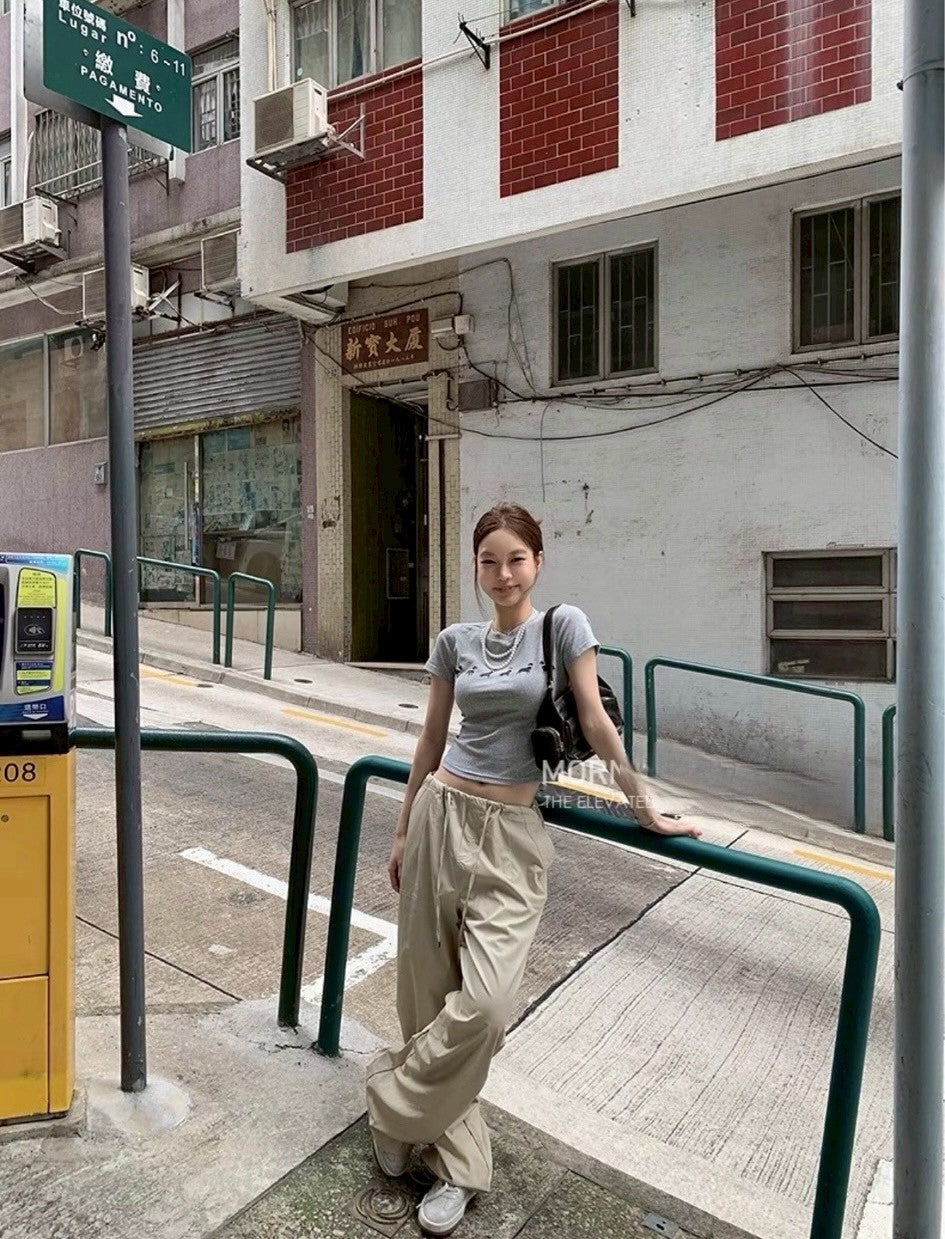 May. Jennie同款臘腸狗 美式正肩彈力上衣 灰