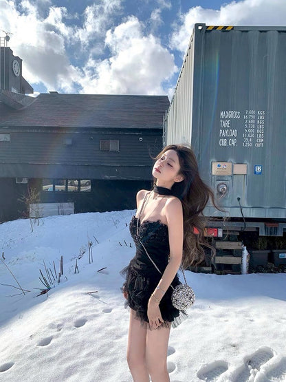 Jun. 玫瑰廢墟 氣質優雅手工花網紗蛋糕裙套裝 黑