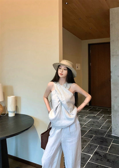 25Aug. 老錢鬆弛不費力交叉設計背心闊腿褲套裝 亞麻色