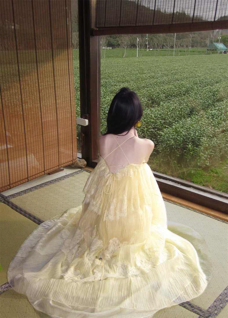 26Apr. 早春仙縷多層花不規則飄逸連身裙蛋糕裙 明媚黃/葉咖