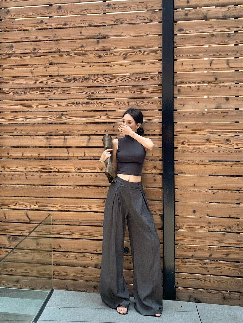 May. 個性簡約半高領純色背心 新款西裝休閒長褲 灰