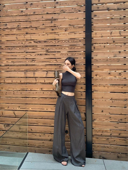 May. 個性簡約半高領純色背心 新款西裝休閒長褲 灰