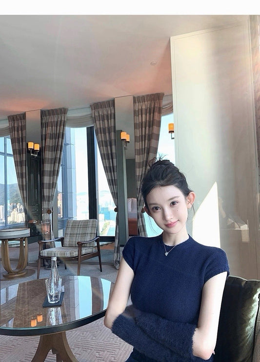 25Dec. 天菜女友嗲欲圓領直肩針織上衣（附手袖）藏藍