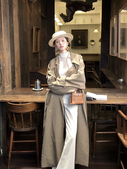 25Dec. 老派審美韓系翻領亞麻肌理紋雙排扣風衣 摩卡棕