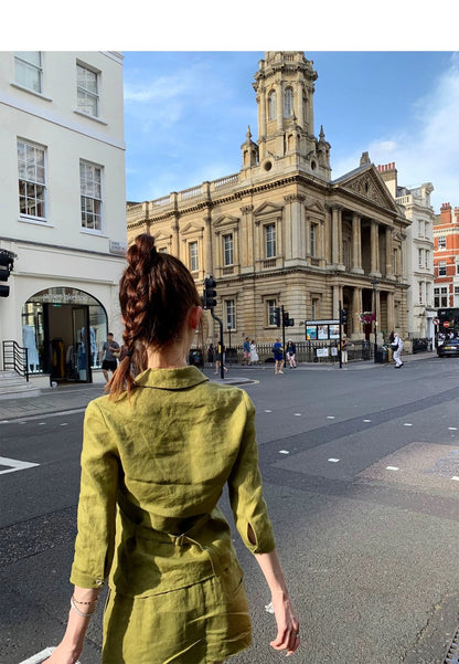 25Aug. 亞麻物語簡約七分袖襯衫低腰褲裙套裝 牛油果綠