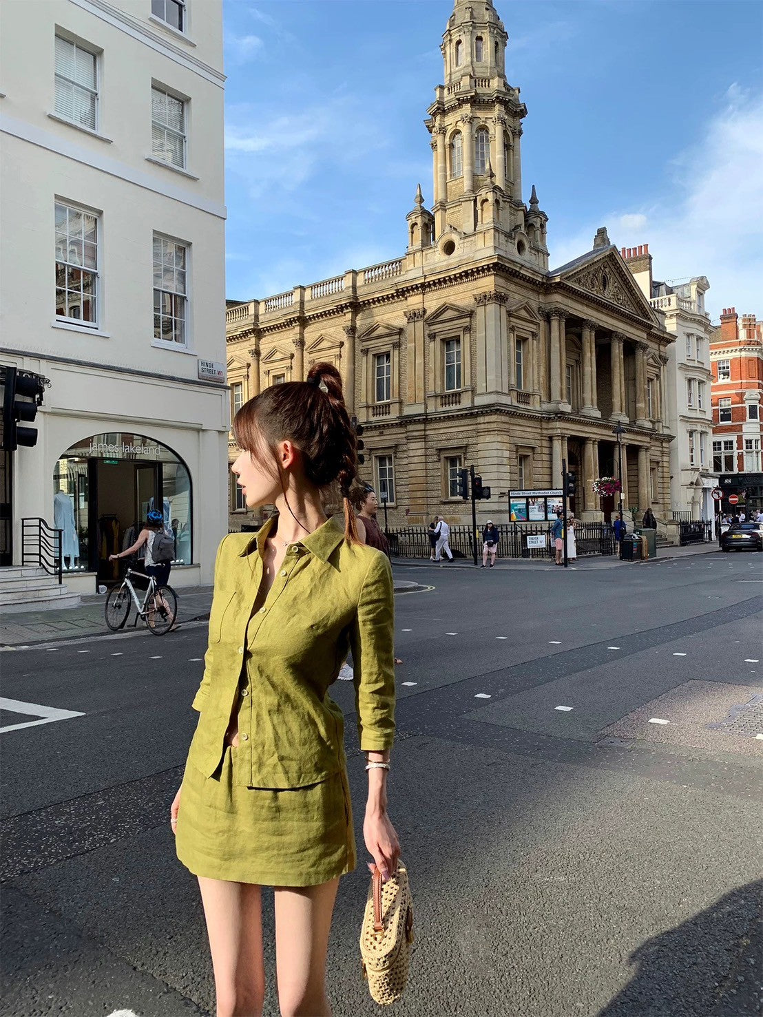 25Aug. 亞麻物語簡約七分袖襯衫低腰褲裙套裝 牛油果綠