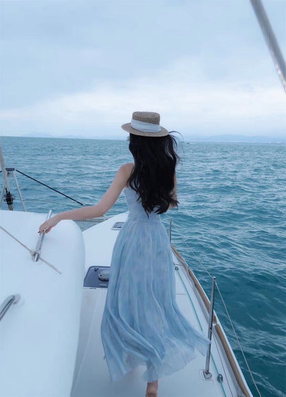 25Aug. 「雙共生」摩登情人復古扭結收腰裙擺連身裙 水波藍