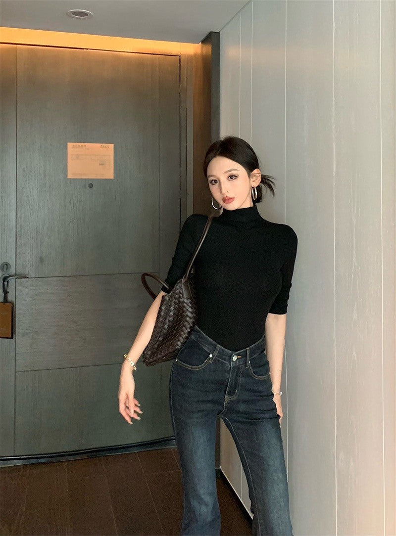 Jun. 穿不膩簡約高領五分袖彈力上衣 紅/黑 顯瘦喇叭褲