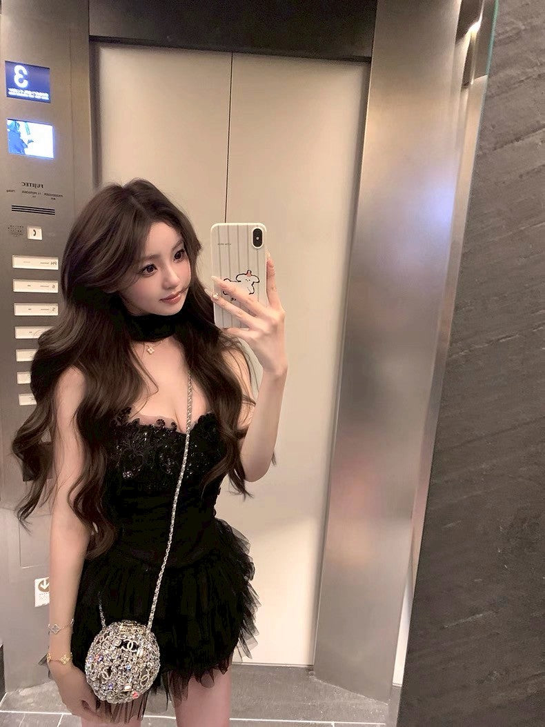 Jun. 玫瑰廢墟 氣質優雅手工花網紗蛋糕裙套裝 黑