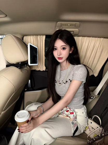 May. Jennie同款臘腸狗 美式正肩彈力上衣 灰