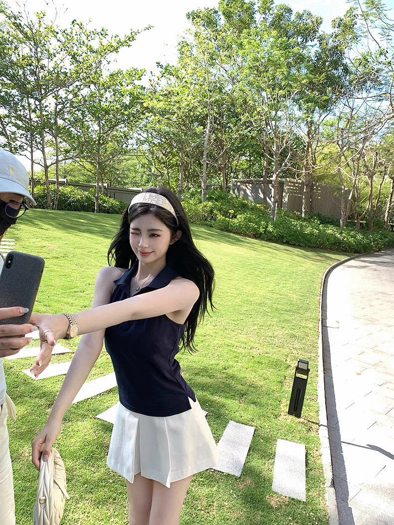 Jun. 大膽穿韓系學院polo領好版型無袖鈕扣背心 藍