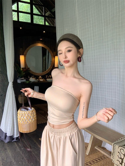May. 度假出遊 辣妹顯瘦純色抹胸休閒褲套裝 藍/杏