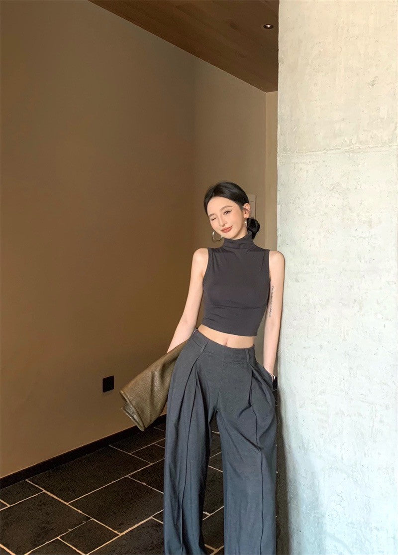 May. 個性簡約半高領純色背心 新款西裝休閒長褲 灰