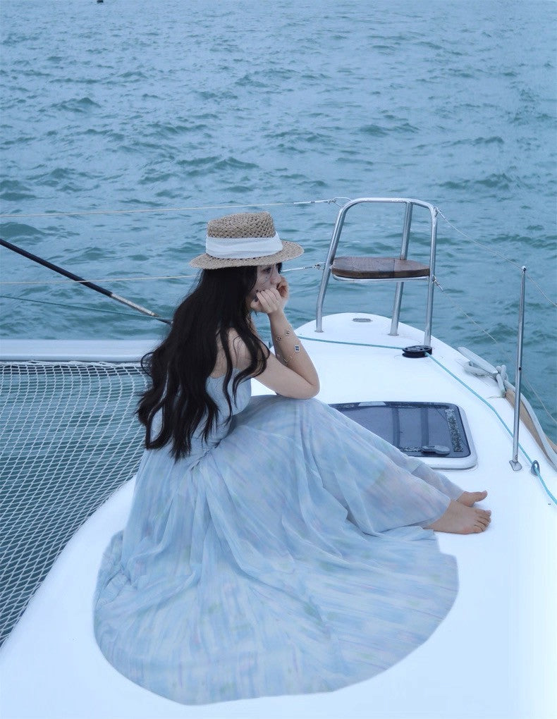 25Aug. 「雙共生」摩登情人復古扭結收腰裙擺連身裙 水波藍