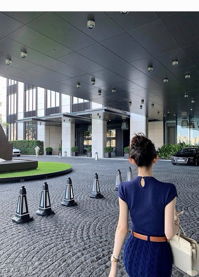 25Dec. 天菜女友嗲欲圓領直肩針織上衣（附手袖）藏藍