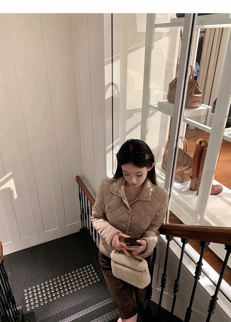 25Dec. Rha1*老錢菱格紋收腰羽絨外套 卡其