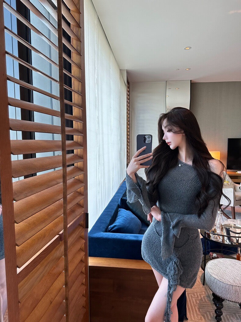 Jan. Cellos*nata裙擺玫瑰 溫柔疊穿同色系連身裙 針織外罩裙 灰色