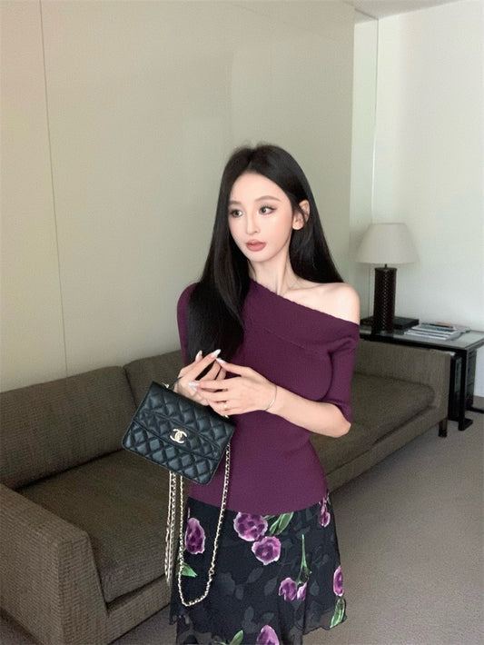 Jun. 半熟女伶 斜領修身針織上衣 紫 復古花網紗半身裙 紫