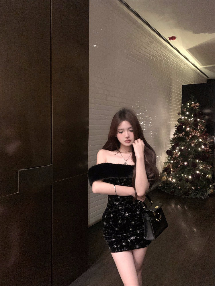 26Jan. 聖誕性感小黑裙可拆卸毛毛絨洋裝