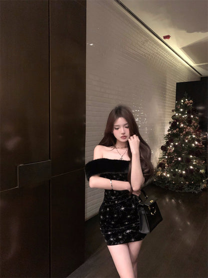 26Jan. 聖誕性感小黑裙可拆卸毛毛絨洋裝