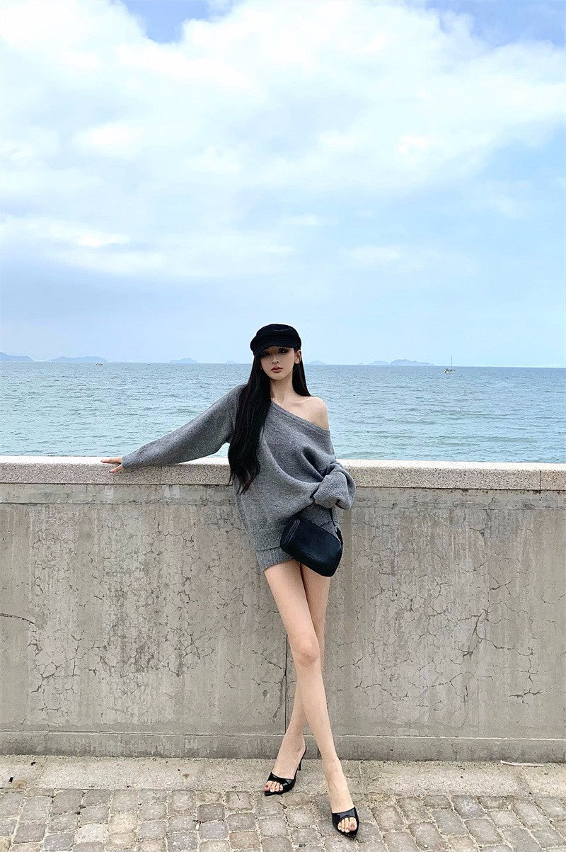 26Jan. 溫柔復古一字領連身針織裙套裝 灰/杏