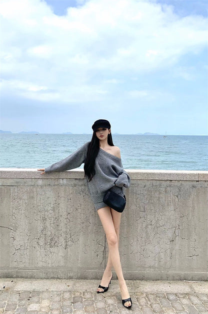 26Jan. 溫柔復古一字領連身針織裙套裝 灰/杏